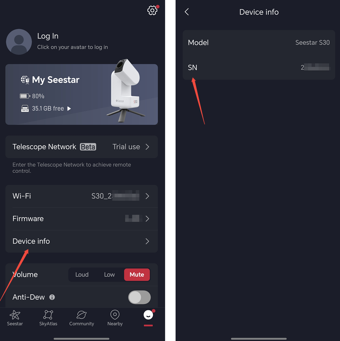 图片展示了Seestar APP中查找设备序列号(SN)的操作界面。左侧为APP主界面，显示设备电量、存储空间等信息，下方有“Device info”选项。右侧为“Device info”页面，显示设备型号为Seestar 530，SN部分被红色箭头指向。该图片与文档中查找设备序列号的上下文对应，直观呈现了在Seestar APP内连接设备后，在“Device info”中查看WIFI名称后8位以获取SN的操作步骤。