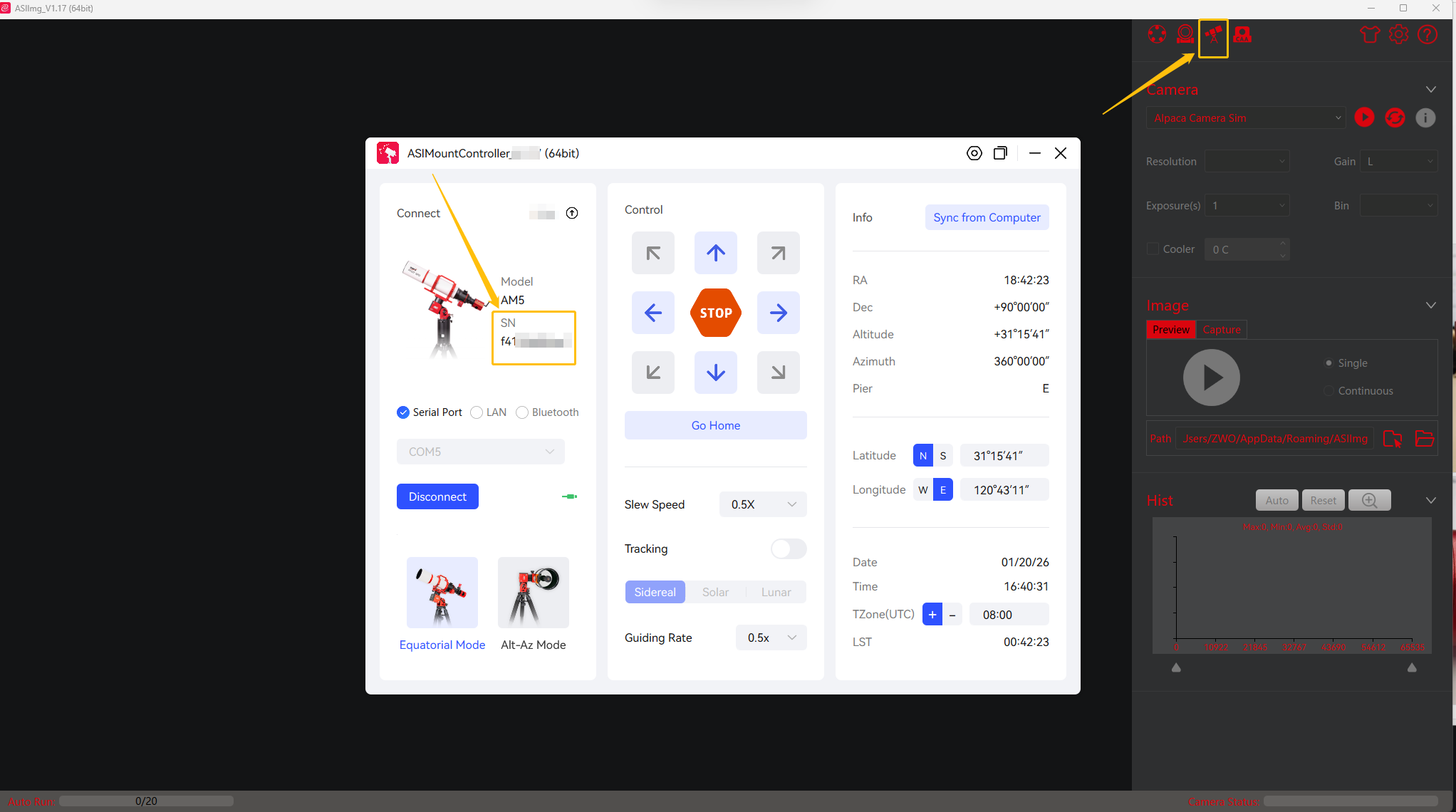 图片展示了ASIAIR设备的ASIAIR APP界面。画面左侧是设备控制界面，有“Connect”连接区域，显示设备型号为ASIMount，SN为00000000，下方有“Serial Port”“LAN”“Bluetooth”连接选项，以及“Discover”按钮。右侧是设备信息区域，包含控制、信息、图像、视频等选项卡，当前显示“Info”信息卡，其中“Serial No.”处用黄色箭头突出显示，表明设备序列号（SN）位置。该图与文档中介绍ASIMount系列设备查找SN的方法相关，直观呈现了在ASIAIR APP中查找SN的操作位置。