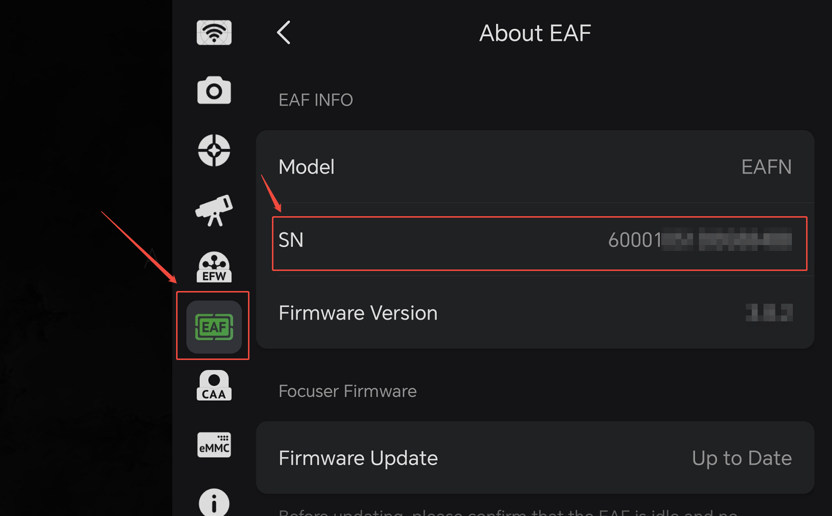 图片展示了ASIAIR APP中关于EAF设备的信息界面。界面上方显示“About EAF”，左侧有多个图标，其中“EAF”图标被红色框和箭头突出显示。在“EAF INFO”区域，有“Model”和“SN”两项，其中“SN”项被红色框和箭头重点标识，其右侧显示设备序列号为60001，其余信息如“Firmware Version”等也一并呈现。该图片与文档中查找EAF设备序列号的上下文，