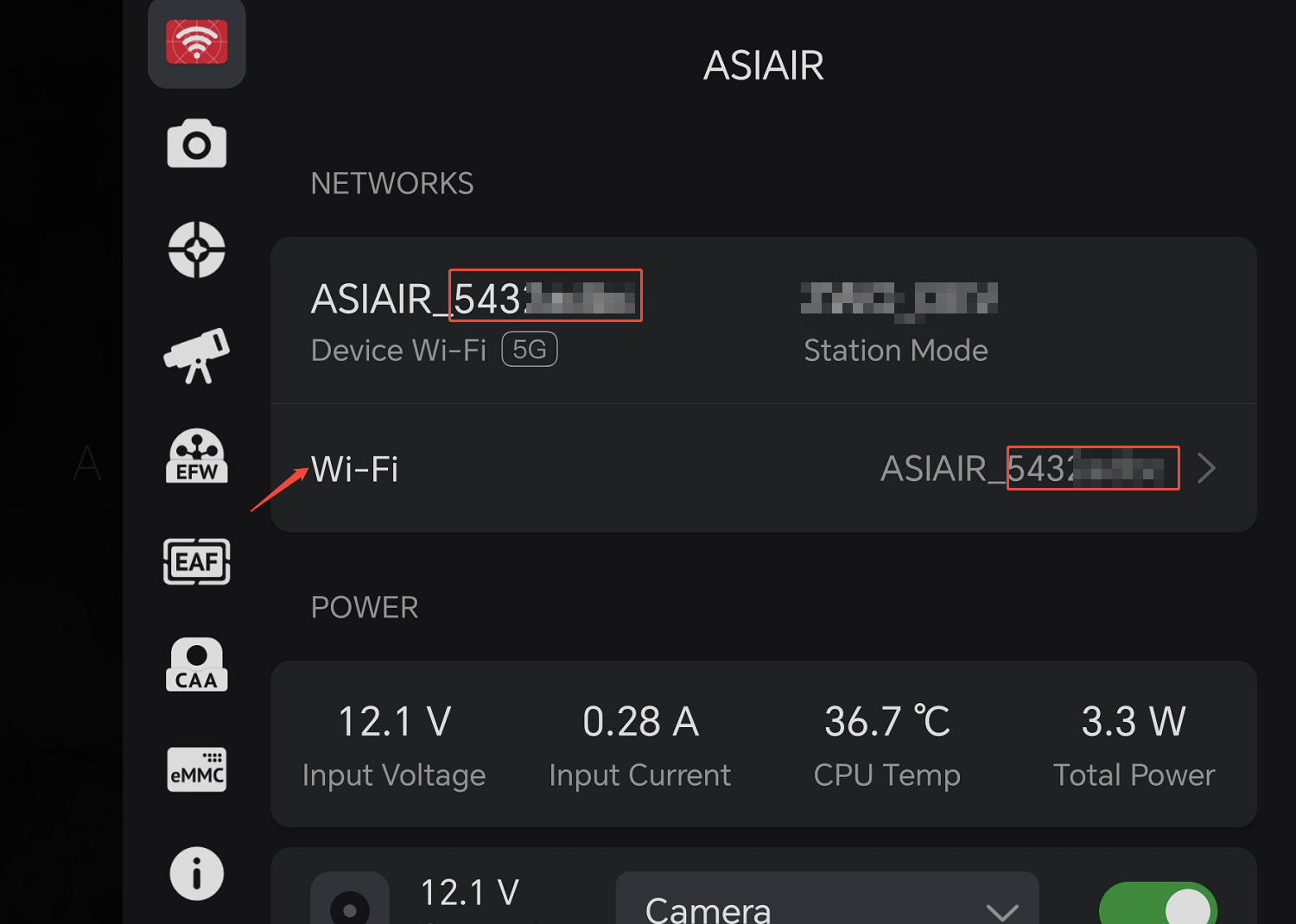 图片展示的是ASIAIR设备的ASIAIR APP界面。界面上方显示“ASIAIR”，左侧有Wi-Fi、相机等图标。在“NETWORKS”区域，显示“ASIAIR_5431”为设备Wi-Fi，其后8位即为设备序列号（SN），用红色框突出显示。界面中还标注了“Wi-Fi”选项，其右侧也用红色框标出设备序列号。该图片与文档中介绍ASIAIR设备查找序列号（SN）的操作步骤相关，直观呈现了在ASIAIR APP内连接设备后，通过Wi-Fi名称后8位找到SN的操作结果。